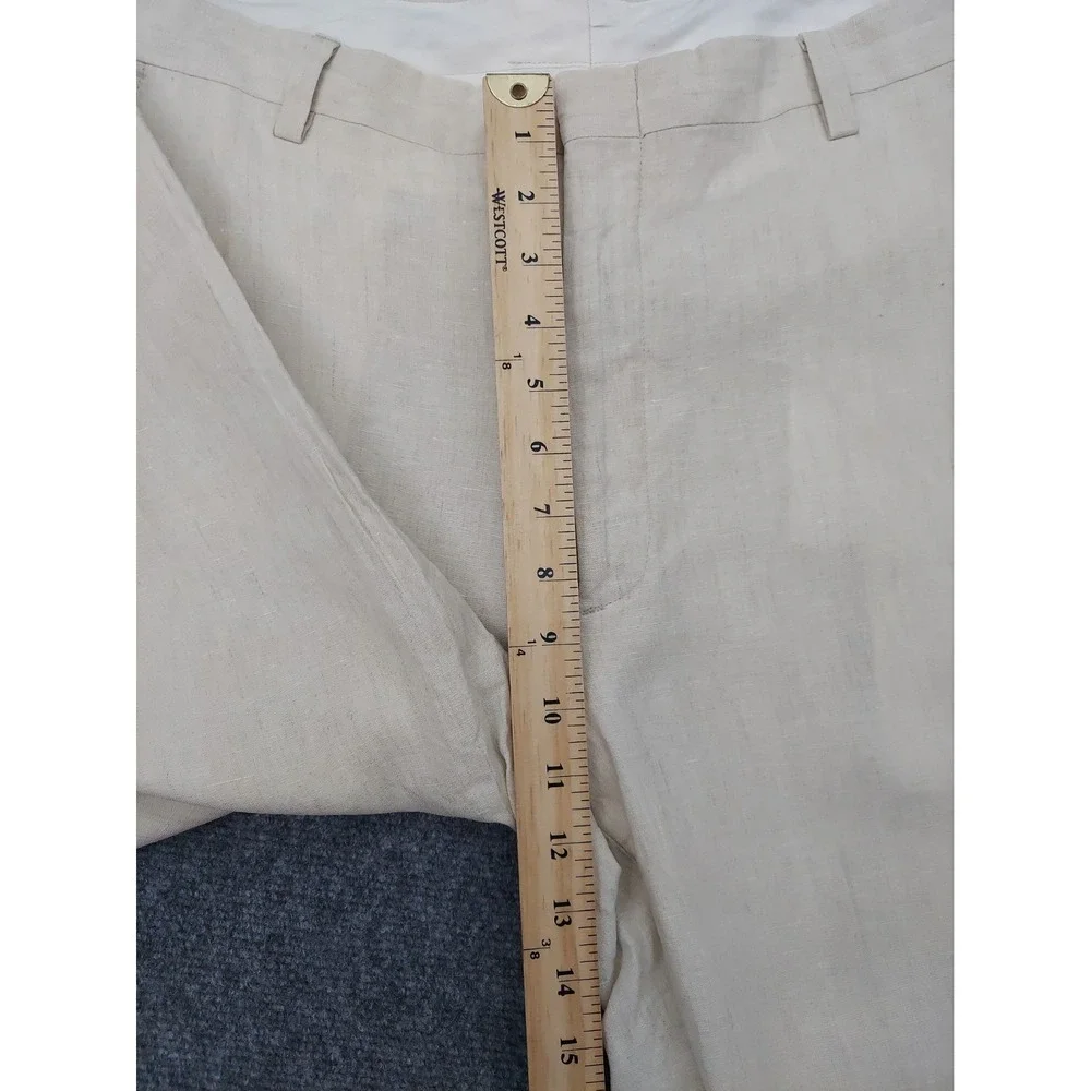 J Press Linen Pants 38x30 Beige Flat Front Cuffed Designer Dress Beach Wedding